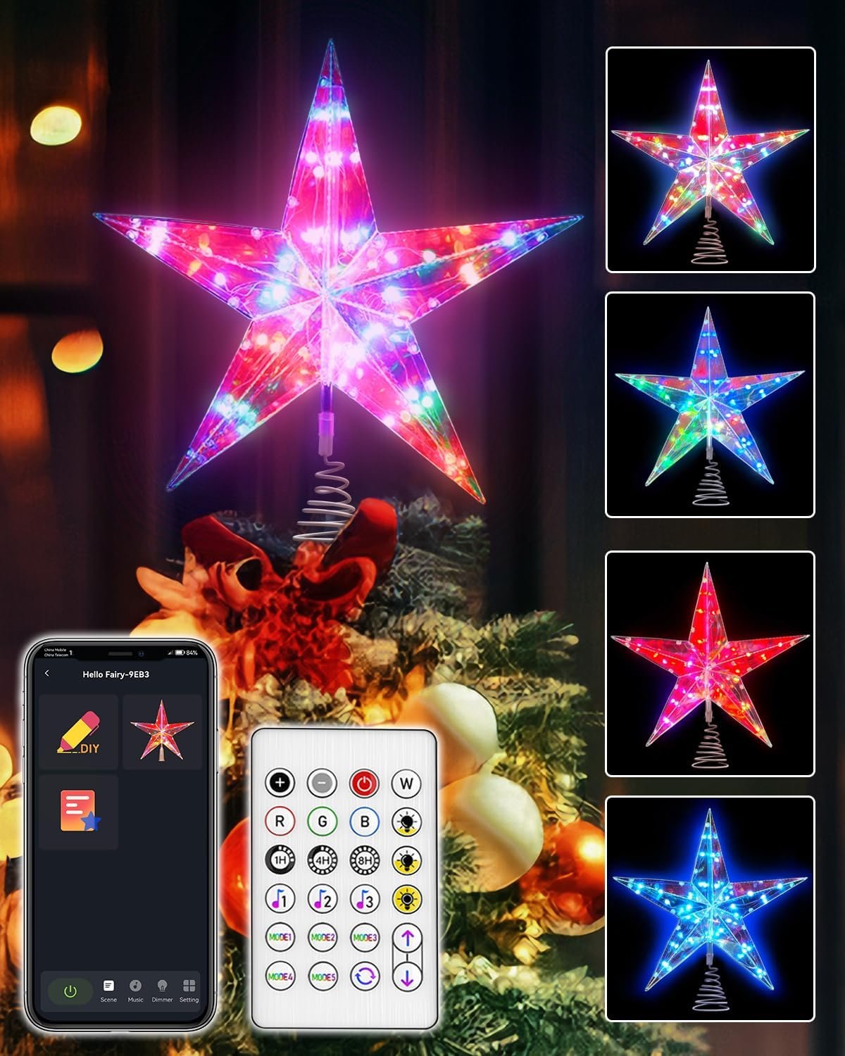 11.8" Smart Christmas Tree Star Topper, Lighted Tree Topper with Remote&APP, Music, DIY, Timing, Multicolor Star Tree Topper Decorate to Christmas Trees, Holiday, Party, Indoor - Image 2