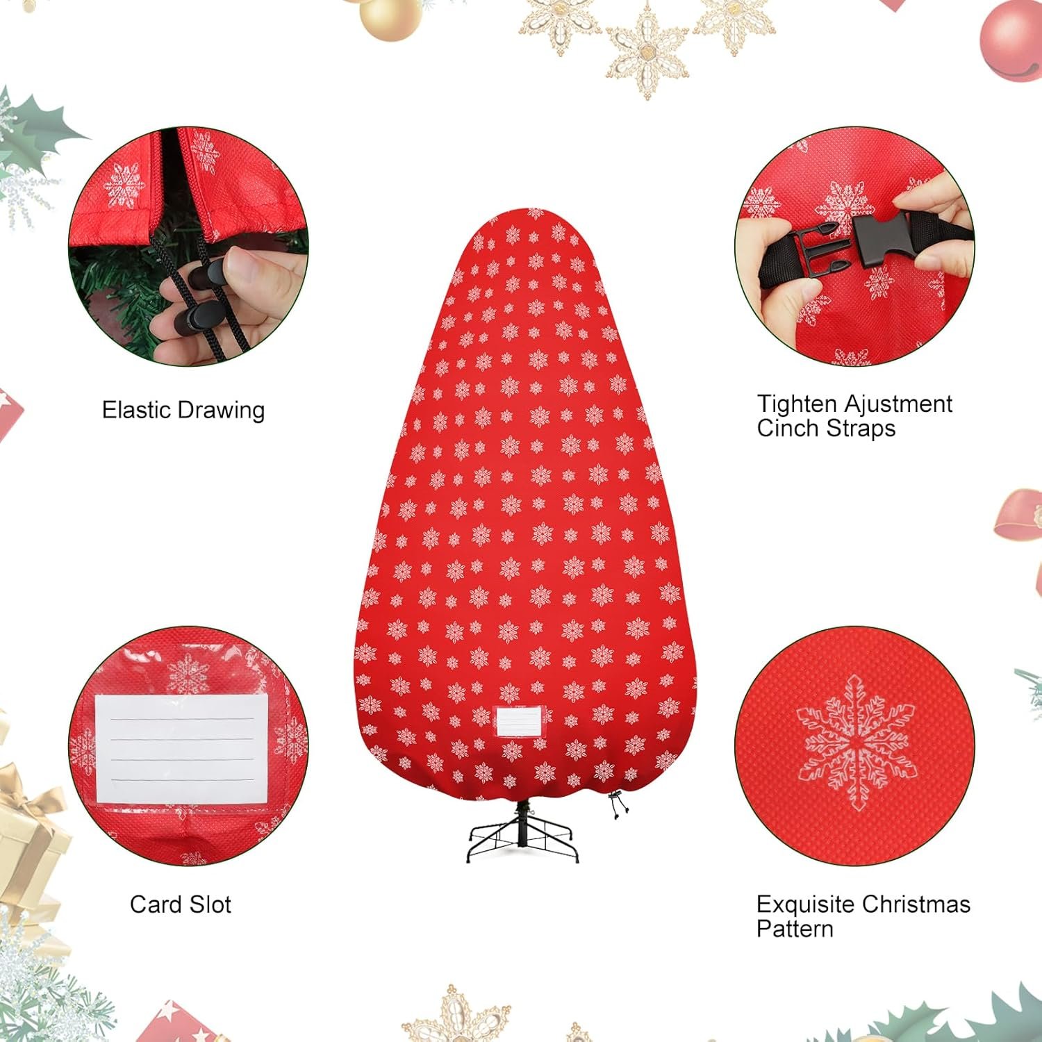 Upright Christmas Tree Storage Bag,Tree Storage Cover with Adjustable Straps,Tear Resistant Christmas Tree Storage Bag for 7.5Foot Assembled Trees-Snow Printing Red - Image 5