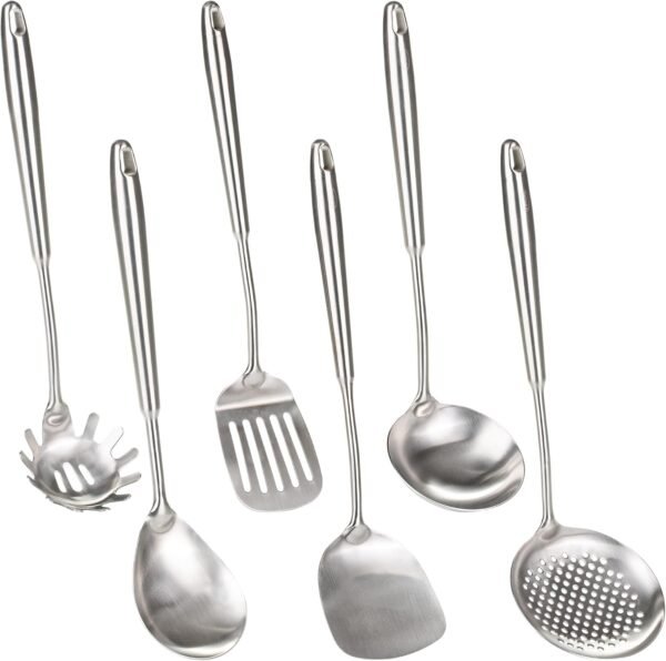 FJNATINH 6-Pieces 304 Stainless Steel Wok Spatula Set,Cooking Utensil Set,Soup Ladle Colander,Nonstick Kitchen Cooking Utensils Set with Spatula,Kitchenware Tools - Image 2