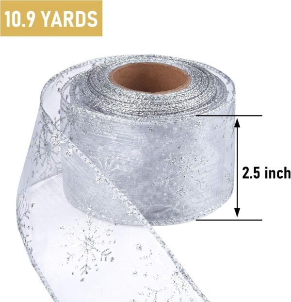 2.5 Inch Wide Christmas Wired Ribbon Snowflake Organza Sheer Glitter Ribbon for Xmas Tree, Wreath, Party Decoration, Gift Wrapping (Silver-White, 10.9 Yards) - Image 3