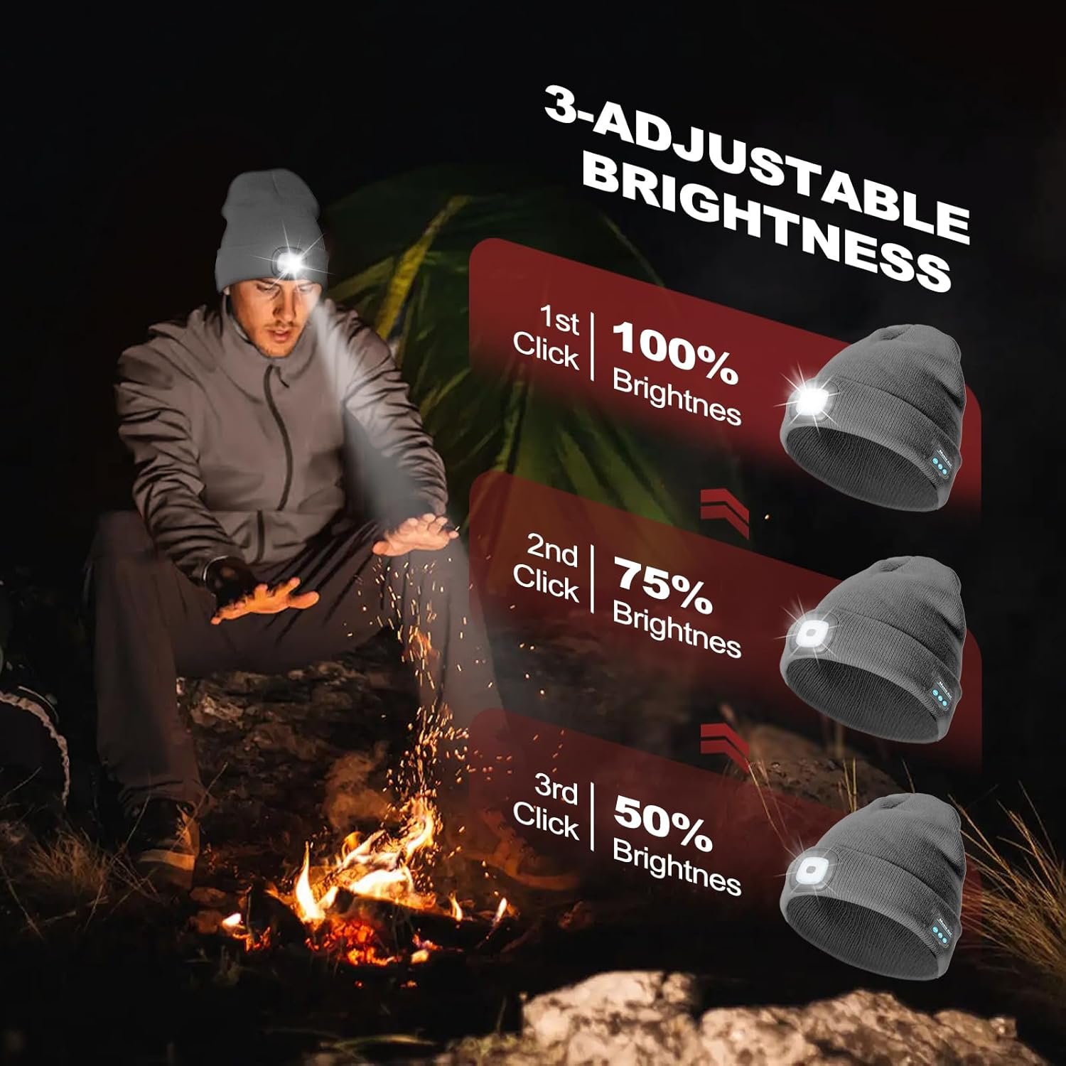 Rechargeable Bluetooth Music Unisex Beanie Hat with Light, Christmas Day Gifts for Men, Stocking Stuffers for Men, Adults, Teens, Dad, Father, Husband, Cool Gadget Gifts for Women, Winter, Gray - Image 4