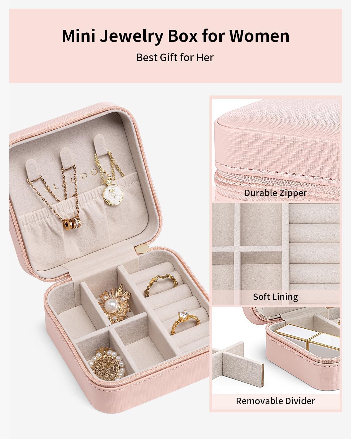 Vlando Travel Jewelry Box, Small Jewelry Travel Organizer Case Travel Essentials Christmas Gift for Women Girl - Pink - Image 5