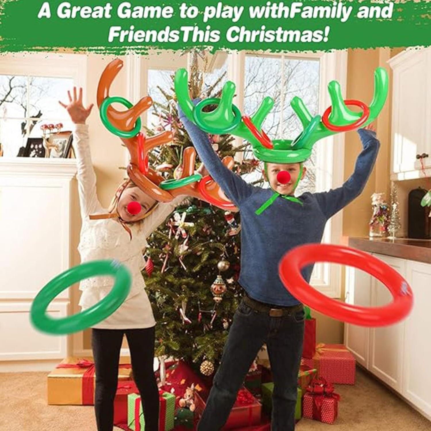 Total 18 Pcs 3 Set Inflatable Reindeer Antler Ring Toss Game Christmas Party Games Kids Family Xmas Toys Stock Stuffer Christmas Activities Carnival Supplies - 3 Antlers 12 Rings 3 Reindeer Nose - Image 7