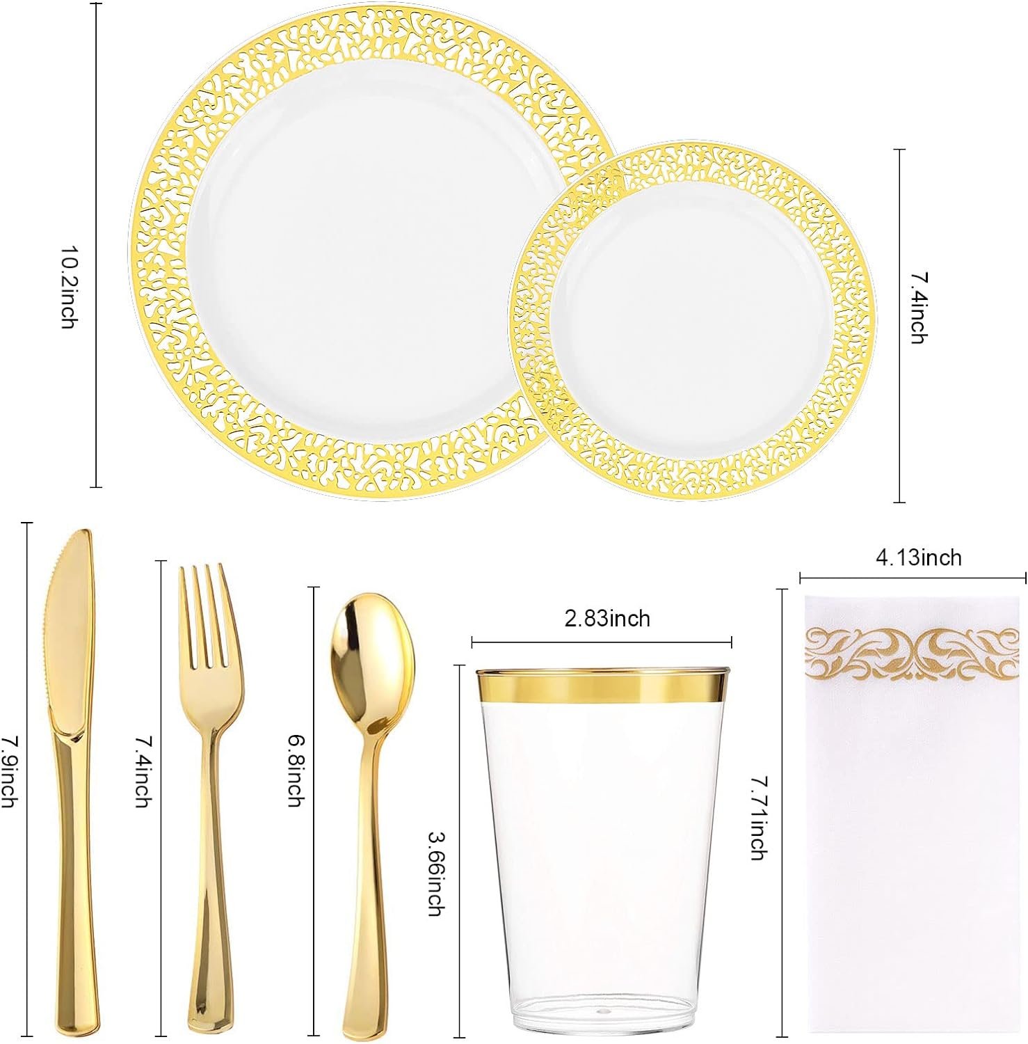 BAYZZ 175 Piece Gold Dinnerware Set,25 Guest Gold Lace Design Plastic Plates,25 Gold Plastic Silverware,25 Gold Cups,25 Gold Napkins,25 Guest Disposable Gold Dinnerware Set - Image 4