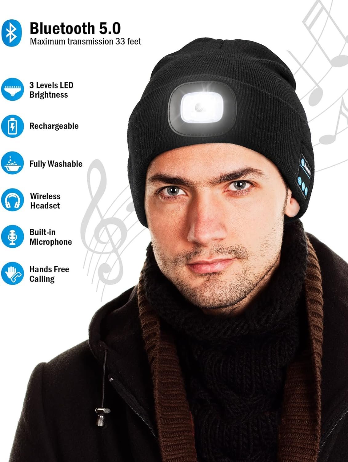 Wmcaps Bluetooth Beanie with a Light, Unisex USB Rechargeable 4 LED Fashlight Hat with Cordless Headphones, Unique Christmas Birthday Gifts for Men Him Husband Teen Black - Image 3