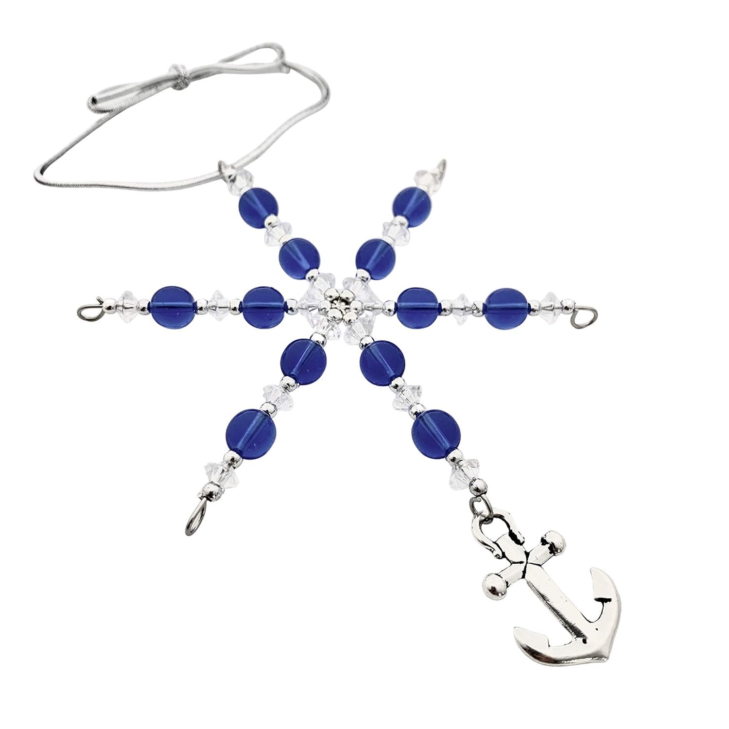 Anchor Ornament - Blue Glass Beaded Snowflake Christmas Ornament/Gift Tag with Pewter Anchor Charm with Jewelry Box - Handmade with Clear and Silver Vintage Beads and Blue Glass Vintage Beads - Image 2