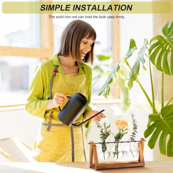 XXXFLOWER Plant Terrarium with Wooden Stand, Air Planter Bulb Glass Vase Metal Swivel Holder Retro Tabletop for Hydroponics Home Garden Office Decoration - 3 Bulb Vase - Image 5