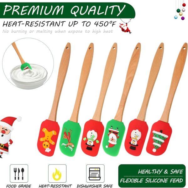 Uiifan Christmas Silicone Spatula Red and Green Whisk Wooden Handle Santa Claus Pattern Spatula Christmas Cake Spatula with Handle for Stir Butter Cream - Image 4