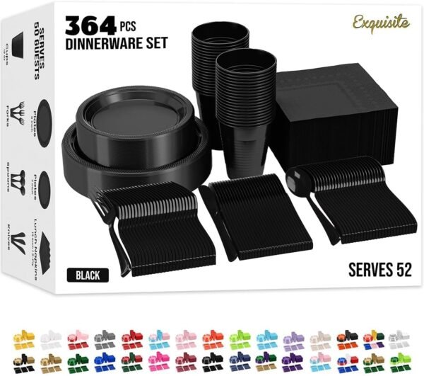 364 Pcs Black Disposable Plates For Party, Black Plastic Plates Set Includes: 52 Of Each 9" Plastic Dinner Plates, 7" Dessert Plates, Cups, Napkins & Cutlery Plastic Dinnerware Set Exquisite - Image 2
