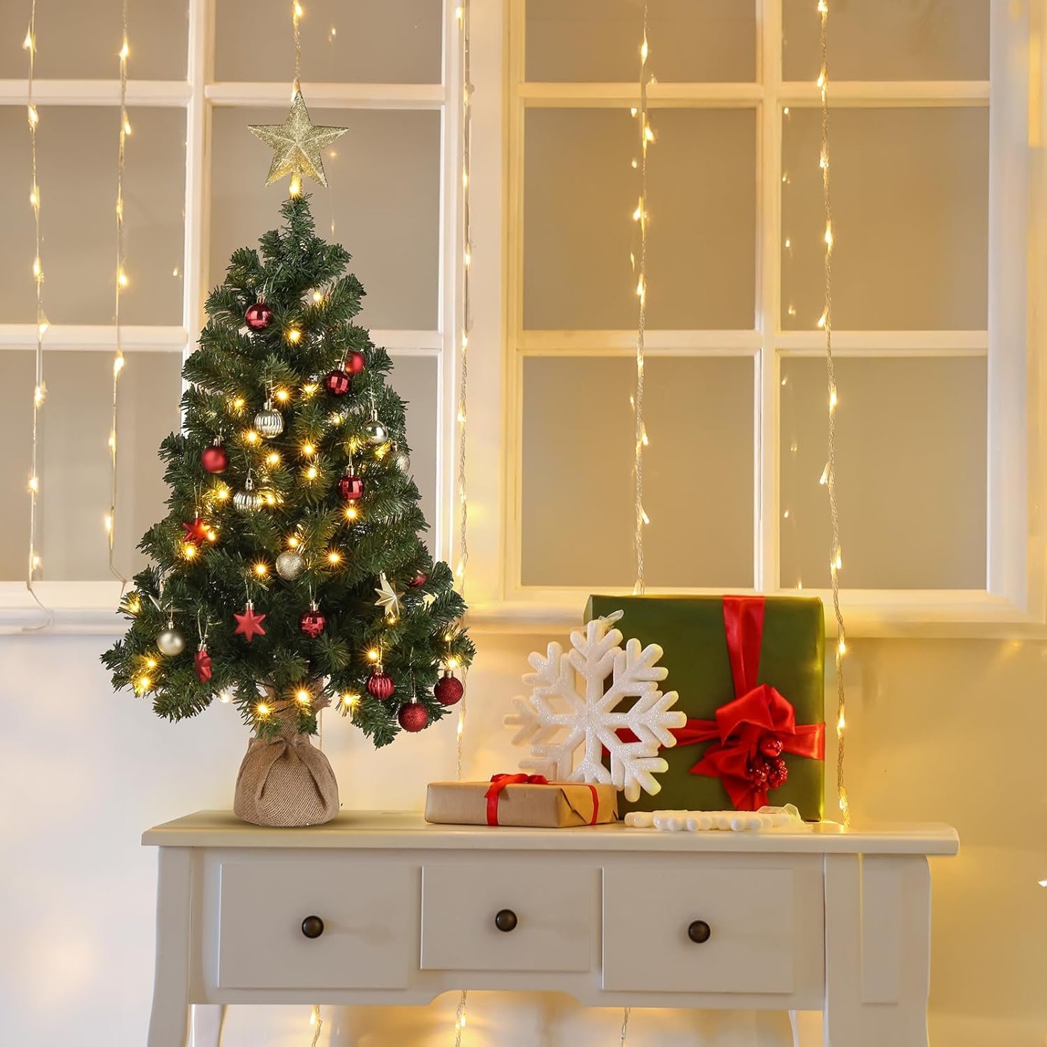 VINGLI 3ft Pre-lit Mini Artificial Christmas Tree, Tabletop Xmas Tree with 150 Branches Tips for Christmas Party Home Indoor Decoration (Battery Operated) - Image 5