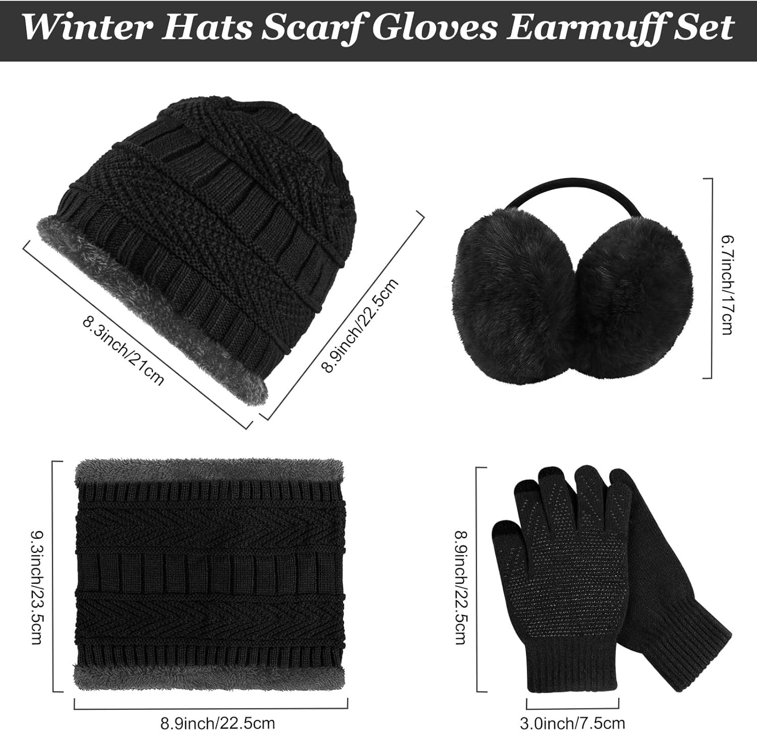 4-Pieces Warm Winter Beanie Hat Scarf Set Thick Knit Hat Beanie Skull Caps Scarfs for Women Men - Image 3