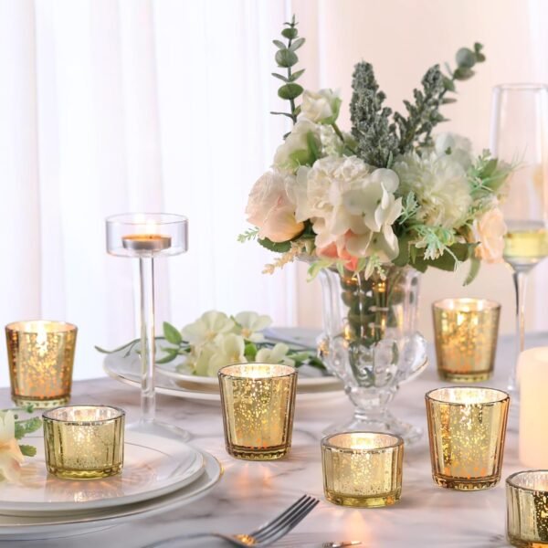 8pcs Assorted Ribbed Gold Votive Candle Holders for Wedding Centerpiece, Mercury Tea Light Candle Holders, Gold Glass Candle Holder for Table Centerpiece, Wedding, Home and Party Decorations - Image 6