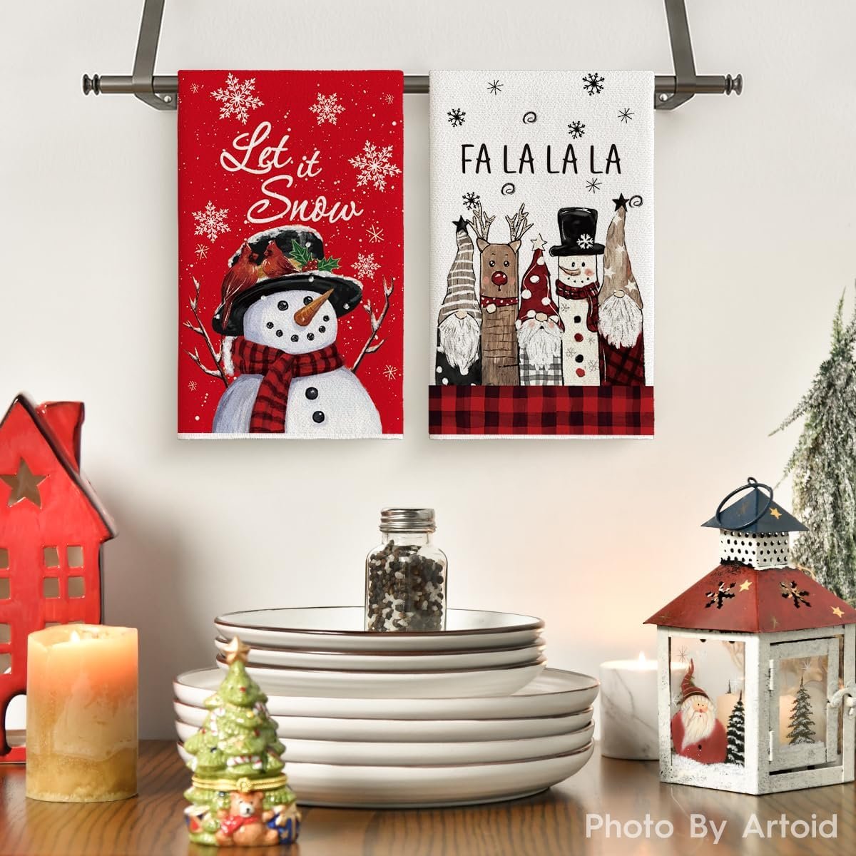 Artoid Mode Red Snowman Xmas Trees Santa Claus Truck Merry Christmas Kitchen Towels Dish Towels, 18x26 Inch Farmhouse Decoration Hand Towels Set of 6 - Image 3