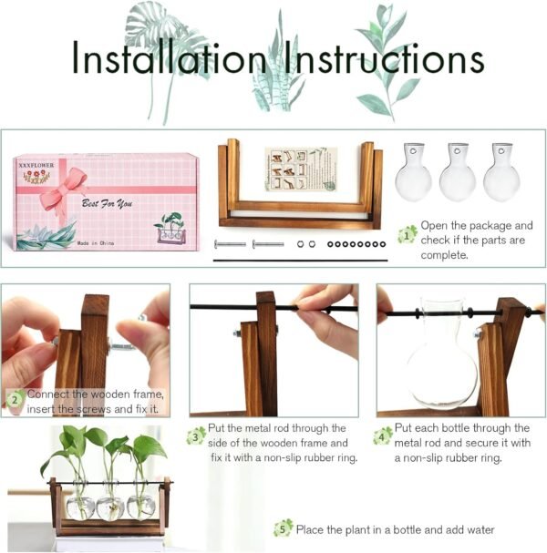 XXXFLOWER Plant Terrarium with Wooden Stand, Air Planter Bulb Glass Vase Metal Swivel Holder Retro Tabletop for Hydroponics Home Garden Office Decoration - 3 Bulb Vase - Image 4