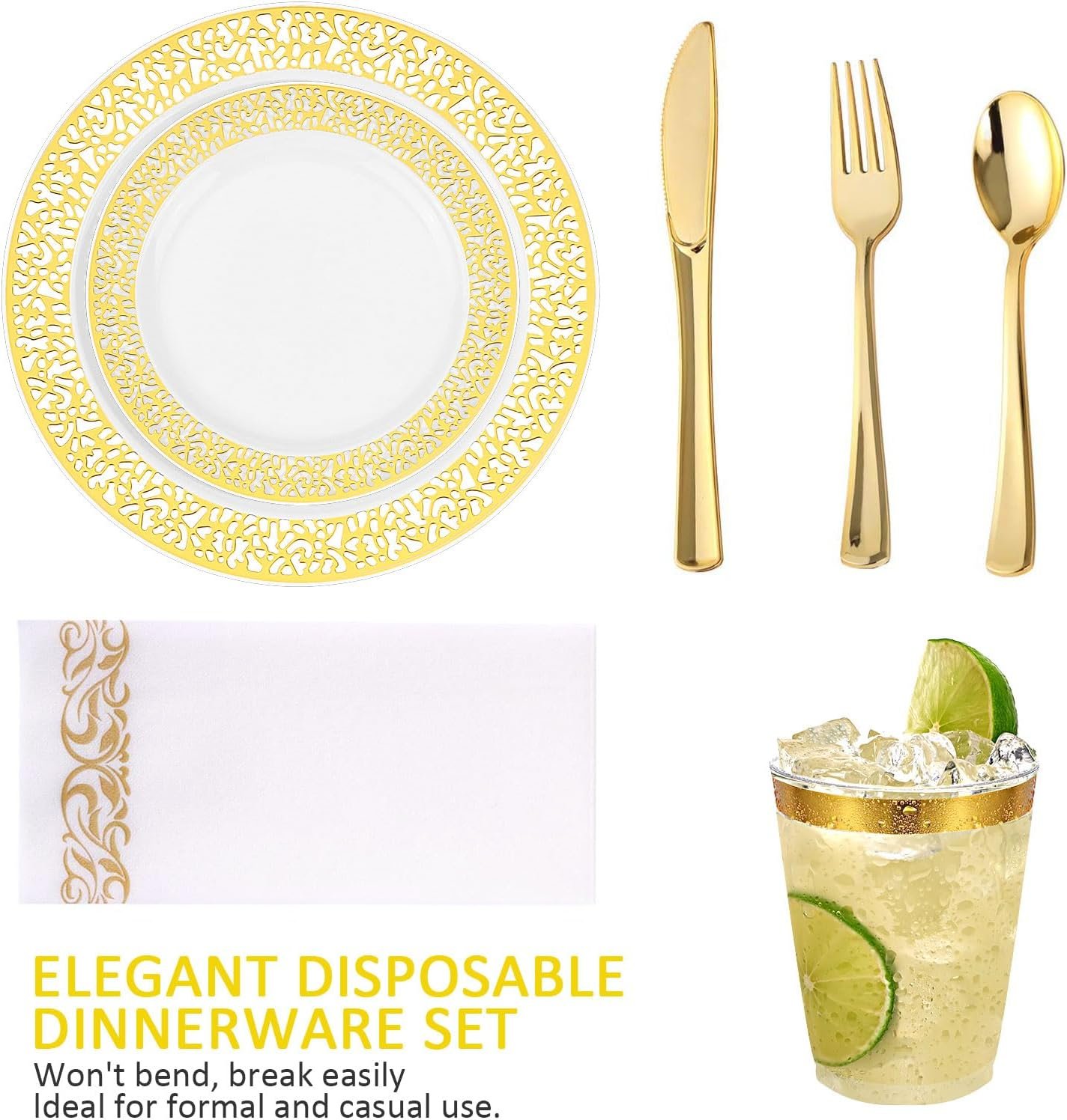 BAYZZ 175 Piece Gold Dinnerware Set,25 Guest Gold Lace Design Plastic Plates,25 Gold Plastic Silverware,25 Gold Cups,25 Gold Napkins,25 Guest Disposable Gold Dinnerware Set - Image 5