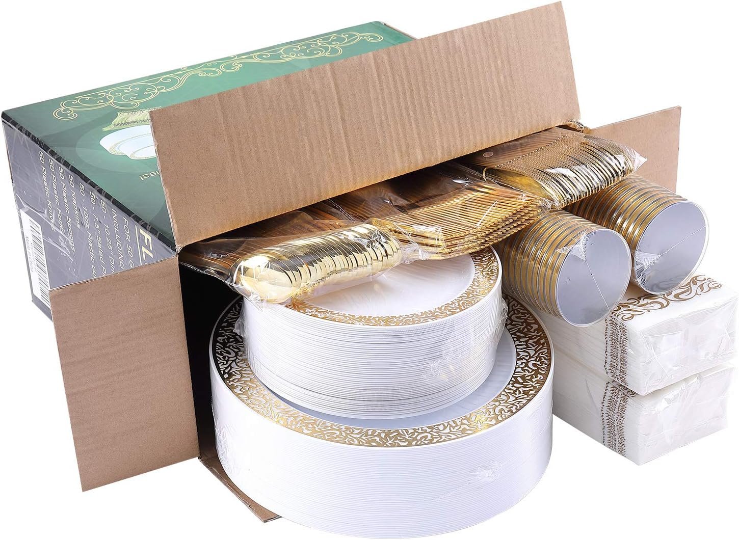 FOCUSLINE 350pcs Gold Dinnerware Set for 50 Guests, Gold Lace Plastic Plates Disposable Heavy Duty, Including 50 Dinner Plates, 50 Dessert Plates, 50 Cups, 50 Napkins, 50 Silverware Set - Image 8