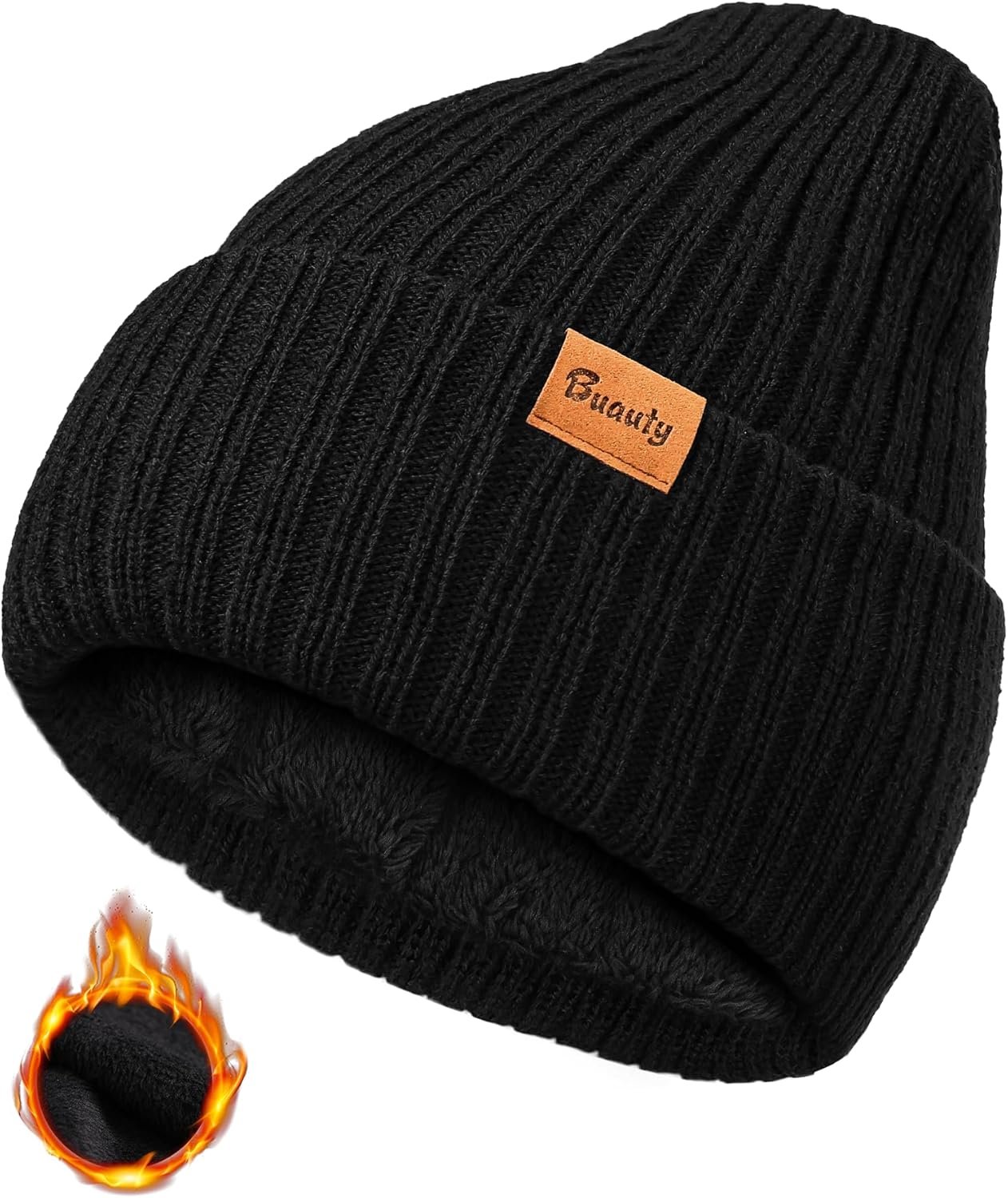 Beanie Hats for Men Women Fleece Winter Hat Chunky Knit Skull Stocking Caps for Guys Thermal Snow Hat Heated Cuffed Gift - Image 2