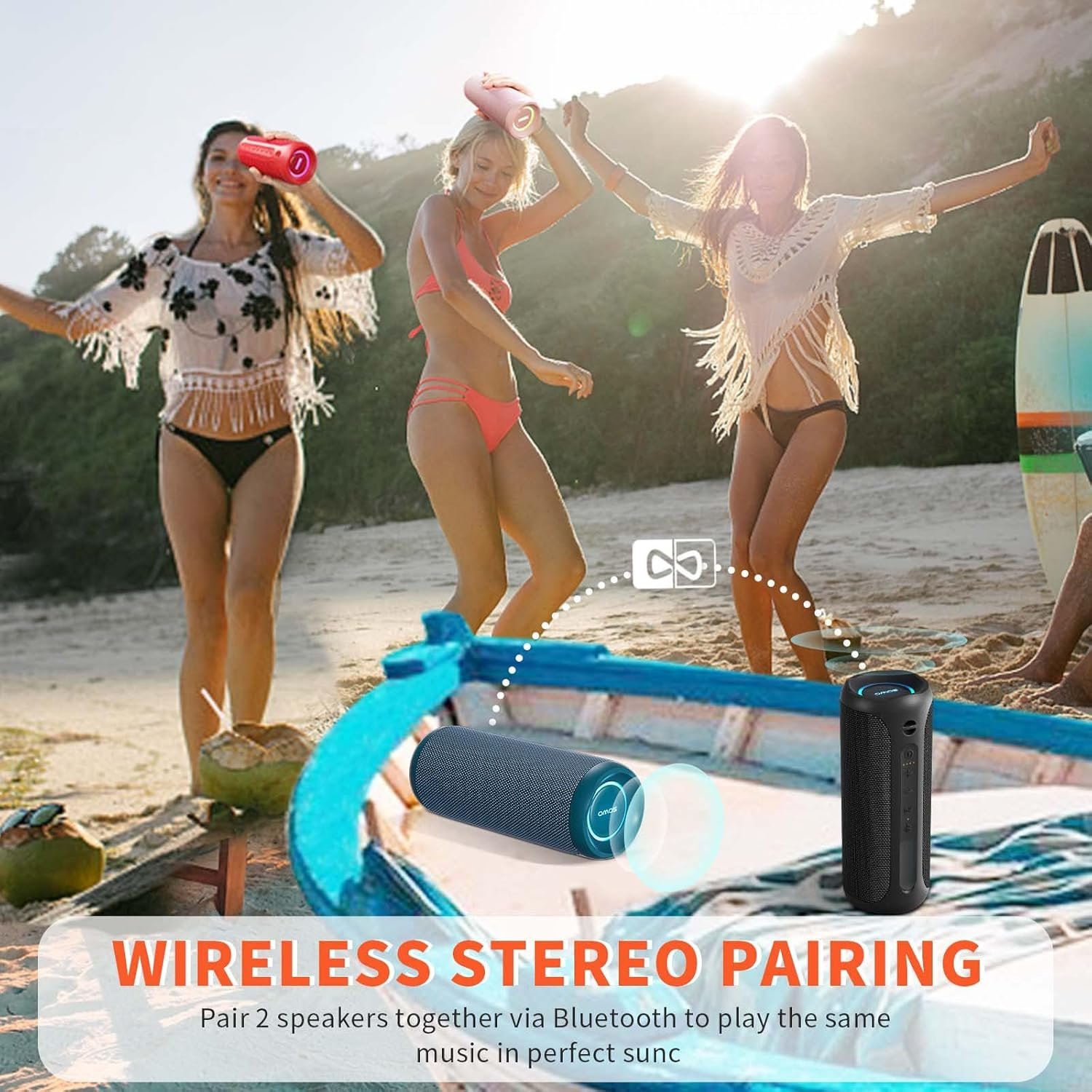 Portable Speaker, Wireless Bluetooth Speaker, IPX7 Waterproof, 25W Loud Stereo Sound, Bassboom Technology, TWS Pairing, Built-in Mic, 16H Playtime with Lights for Home Outdoor - Black - Image 7