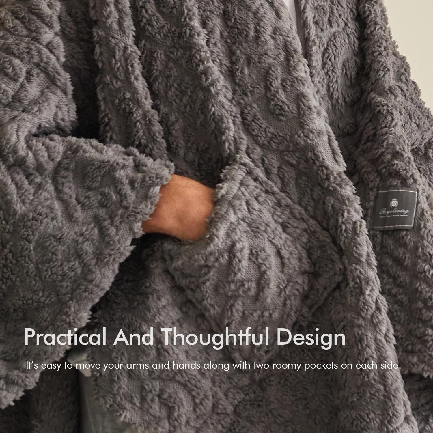 Royoliving Fuzzy Sherpa Wearable Fleece Blanket with Pockets for Adults, Ultra Soft Plush Shawl TV Throw Blankets (Grey, 58'' x 64'') - Image 5