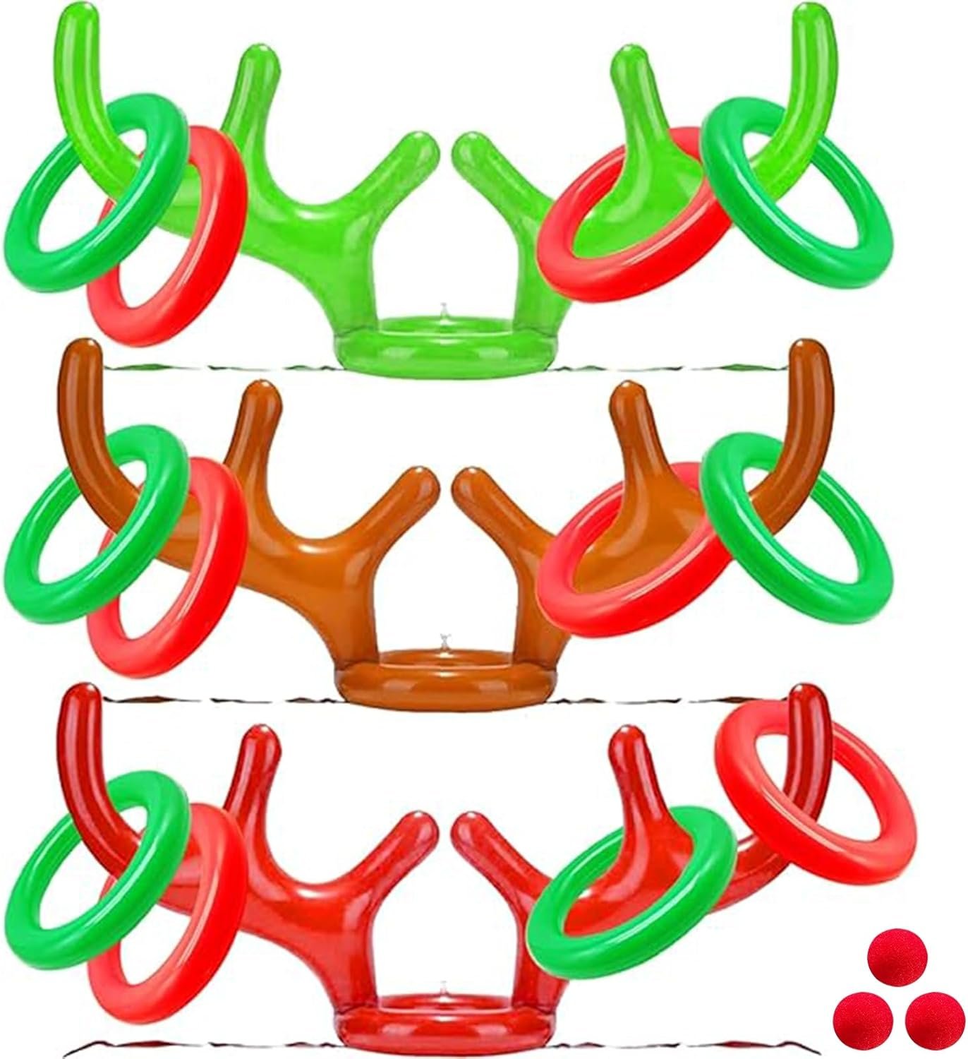 Total 18 Pcs 3 Set Inflatable Reindeer Antler Ring Toss Game Christmas Party Games Kids Family Xmas Toys Stock Stuffer Christmas Activities Carnival Supplies - 3 Antlers 12 Rings 3 Reindeer Nose - Image 4