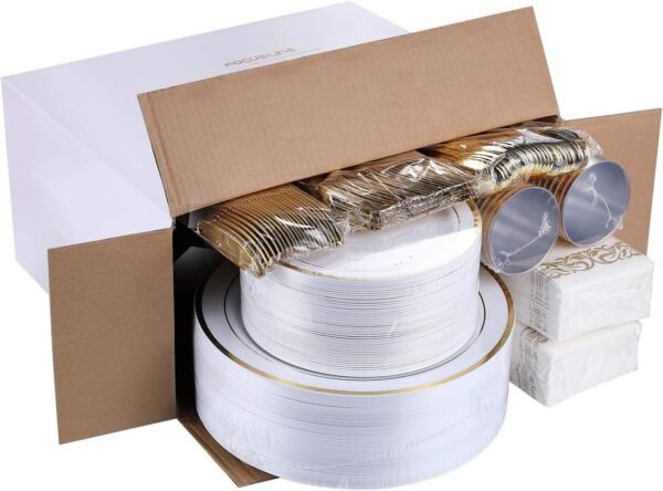 FOCUSLINE 350 Gold Dinnerware Set for 50 Guests, White and Gold Rim Plastic Plates Disposable Heavy Duty, Including 50 Dinner Plates, 50 Dessert Plates, 50 Cups, 50 Napkins, 50 Silverware Set - Image 7