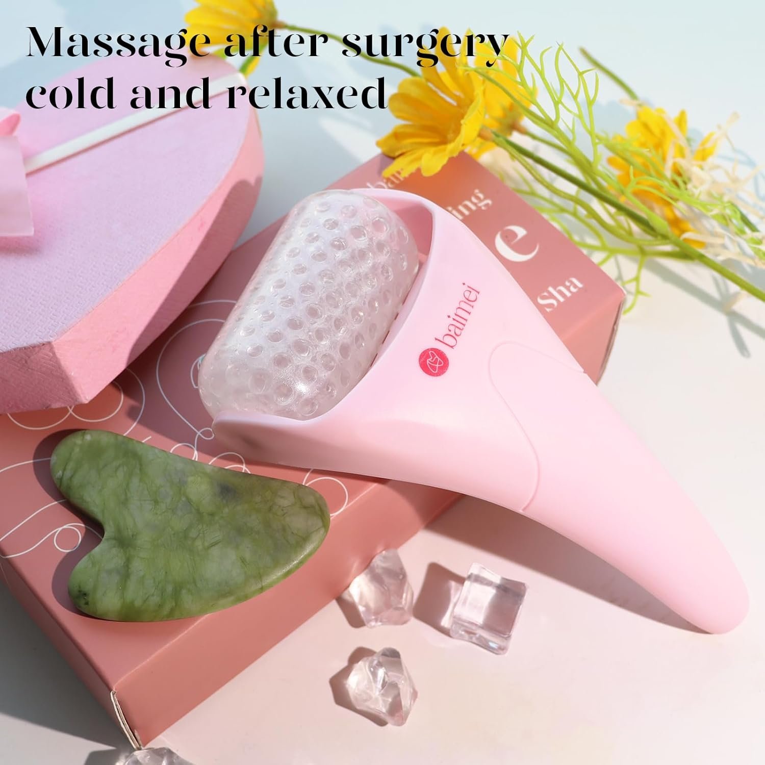 BAIMEI IcyMe Ice Roller for Face Women and Gua Sha Facial Tool Set, Ice Face Roller Reduces Puffiness, Relieves Migraines, Skin Care Tools, Self Care Gift for Women - Pink - Image 10