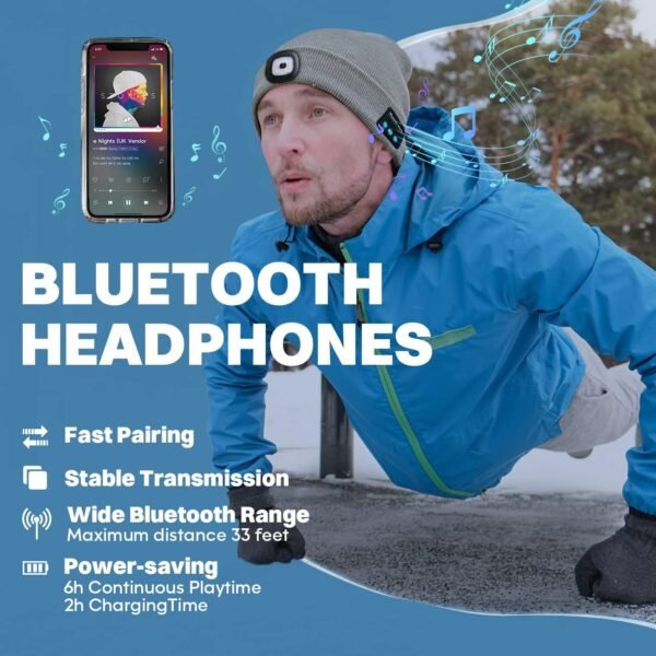 Bosttor Bluetooth Beanie Hat with Light, Headlamp Cap with Headphones and Built-in Speaker Mic, Gifts for Men Women Teen - Image 4