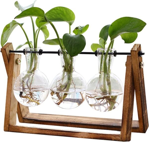 XXXFLOWER Plant Terrarium with Wooden Stand, Air Planter Bulb Glass Vase Metal Swivel Holder Retro Tabletop for Hydroponics Home Garden Office Decoration - 3 Bulb Vase - Image 2