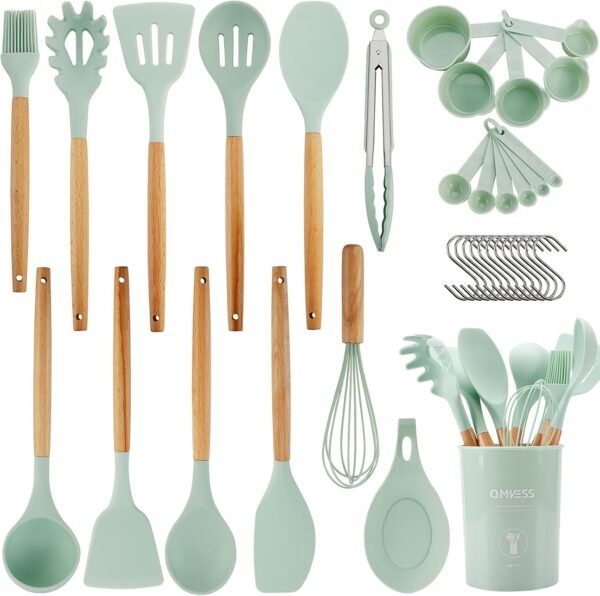QMVESS Silicone Kitchen Utensils Set, 35 Pcs Non-Stick Cooking Utensils Set, Sturdy Insulation Wooden Handle Kitchen Accessories for Cooking with Spatula Set and Spoons Set Gadgets (Light Green) - Image 2