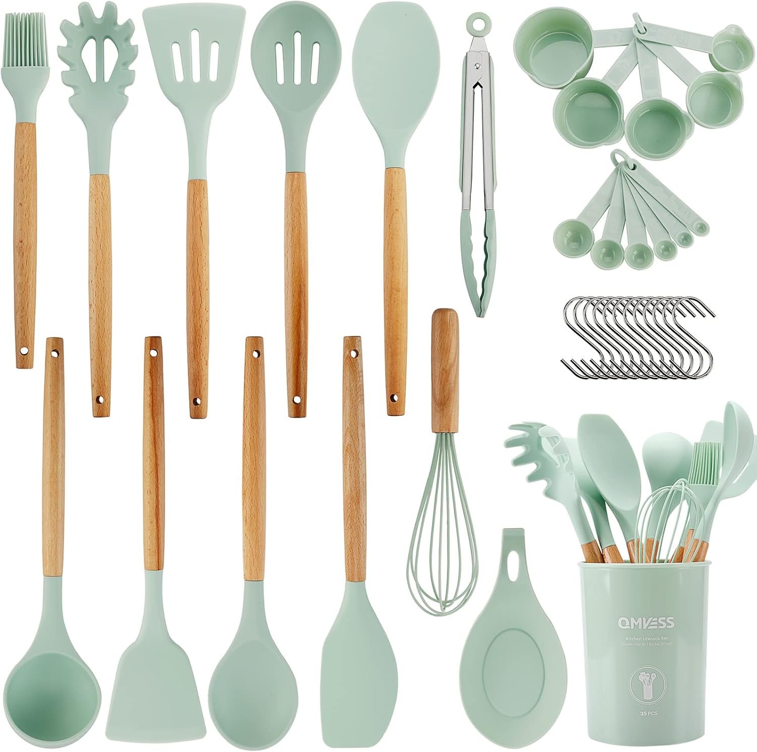QMVESS Silicone Kitchen Utensils Set, 35 Pcs Non-Stick Cooking Utensils Set, Sturdy Insulation Wooden Handle Kitchen Accessories for Cooking with Spatula Set and Spoons Set Gadgets (Light Green) - Image 2