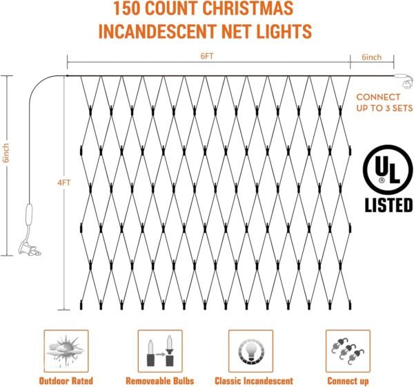 Lomotech Christmas Net Lights, 6ft x 4ft 150 Count Incandescent Mesh Lights, Connectable UL Certified Waterproof Bushes Lights for Christmas, Trees, Shurb, Garden Outdoor Decorations (Warm White) - Image 3