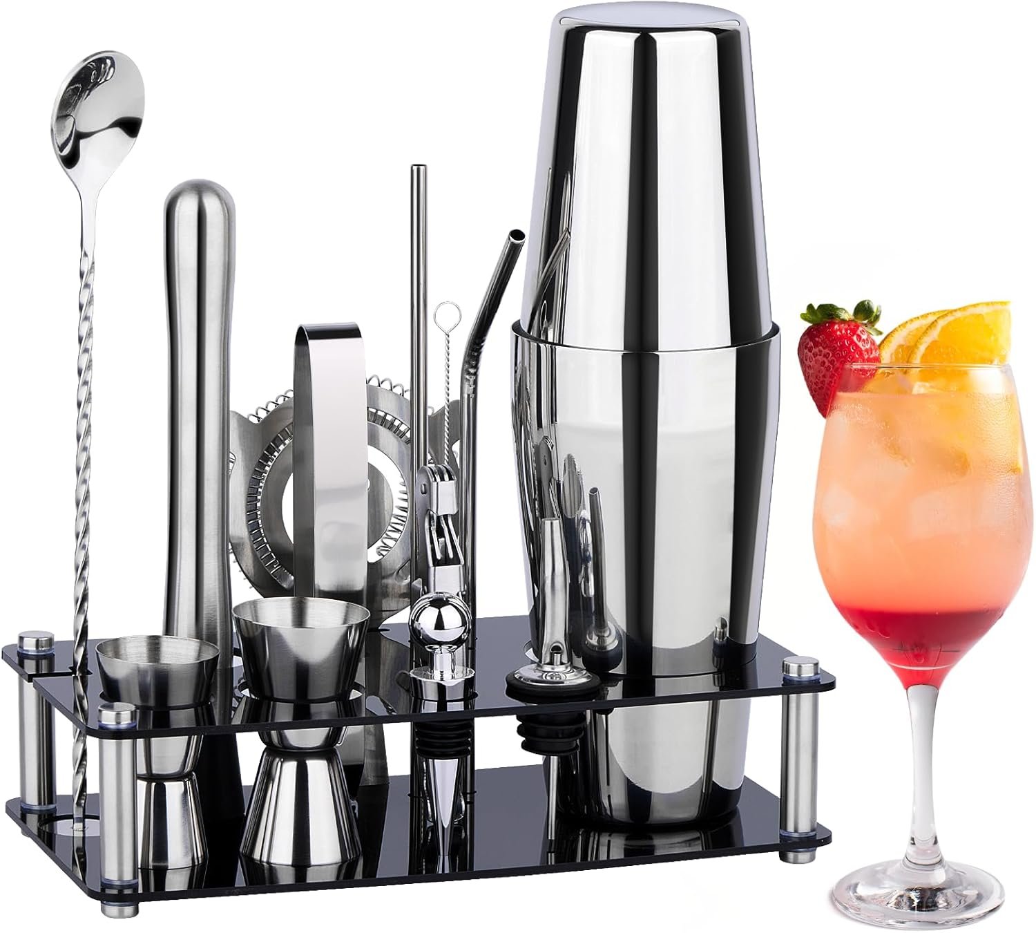 Cocktail Shaker Set Bartender Kit : 15-Piece Bar Tool Set with Acrylic Stand Bar Set with All Practical Bar Accessories, for Drink Mixing, Bar, Home, Lounge & Party, Silver - Image 2