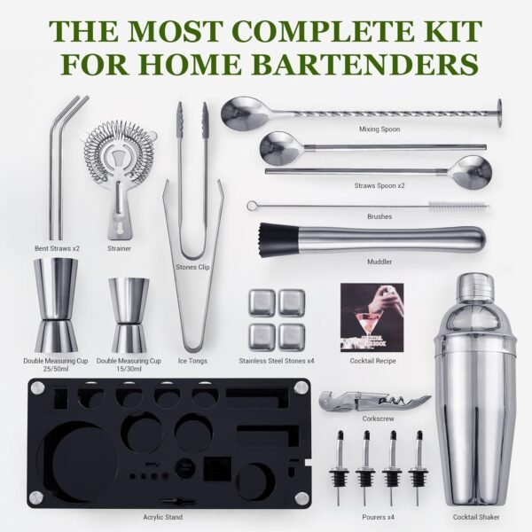 Cocktail Shaker Set, 23-Piece Stainless Steel Bartender Kit with Acrylic Stand & Cocktail Recipes Booklet, Professional Bar Tools for Drink Mixing, Home, Bar, Party (Include 4 Whiskey Stones) - Image 4