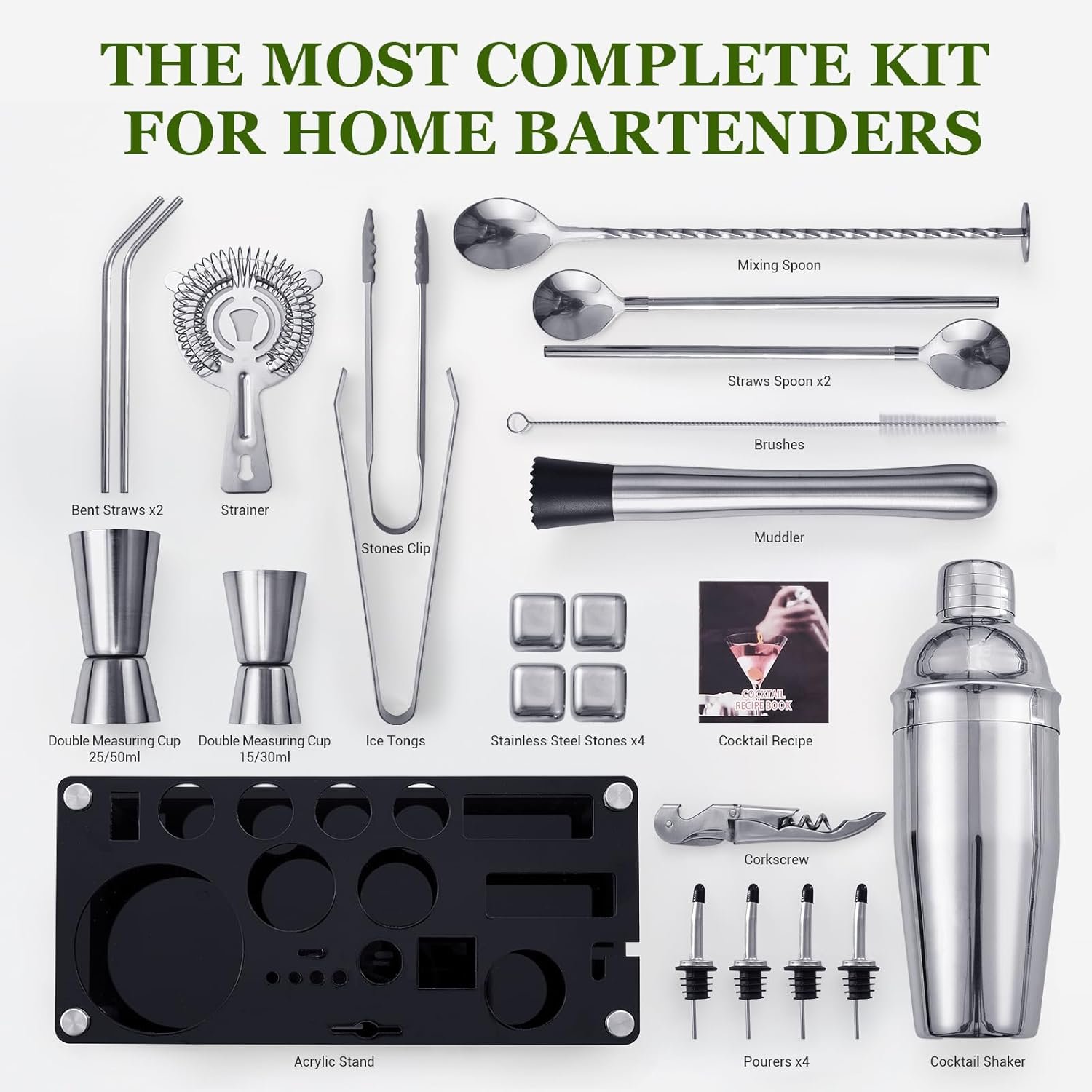 Cocktail Shaker Set, 23-Piece Stainless Steel Bartender Kit with Acrylic Stand & Cocktail Recipes Booklet, Professional Bar Tools for Drink Mixing, Home, Bar, Party (Include 4 Whiskey Stones) - Image 4