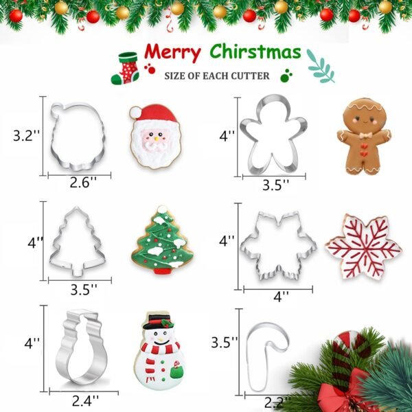 Large Christmas Cookie Cutters, 4" Holiday Cookie Cutters Shape with Recipe Instruction Gingerbread Men,Christmas Tree,Snowflake, Candy Cane,Santa Face and Snow Man for Baking - Image 3