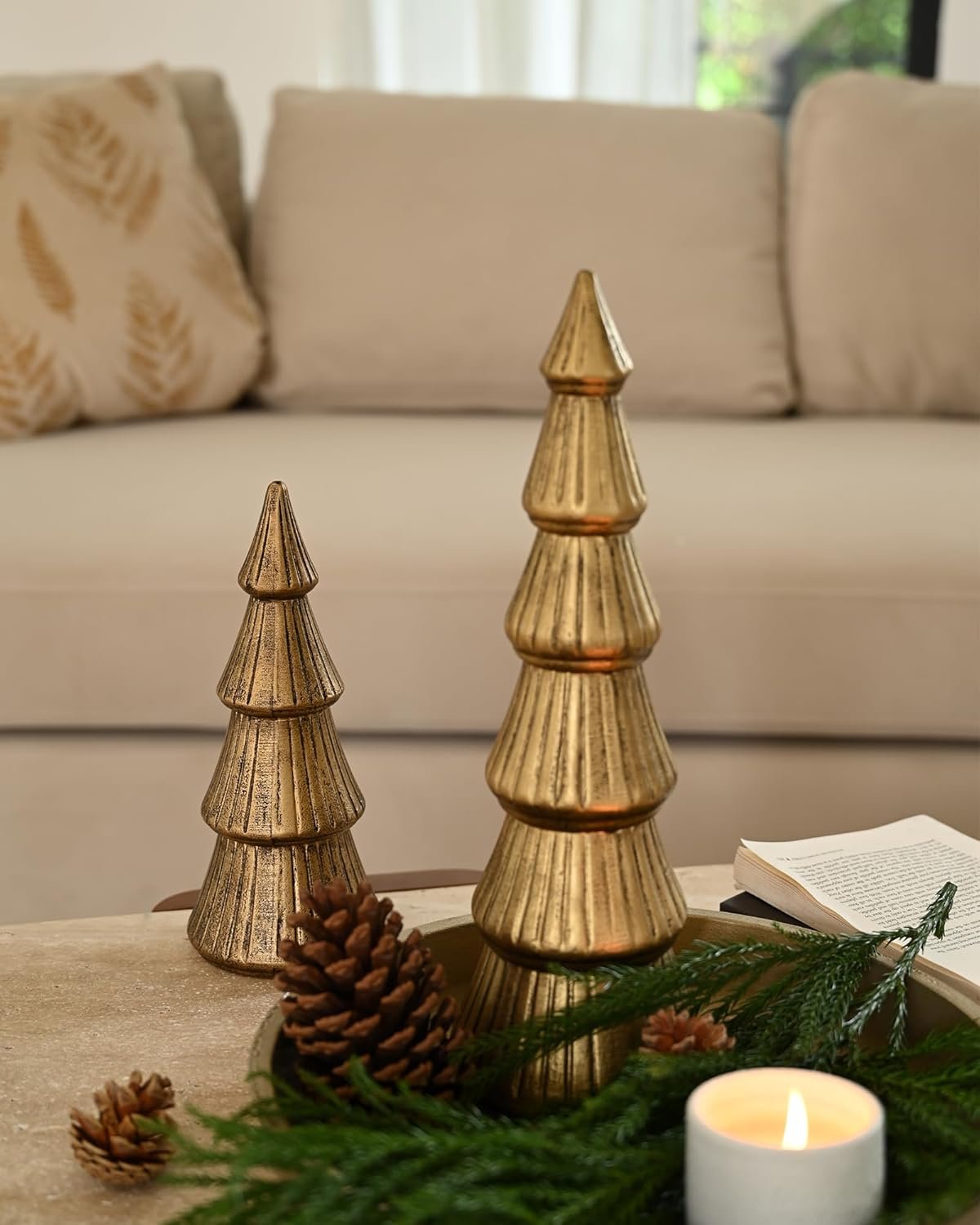 WONDROUS' DECO Wooden Christmas Tree Figurine, Tabletop Gold Tree Figurine, Set of 2 Desk Centerpieces for Christmas Decor - Image 6