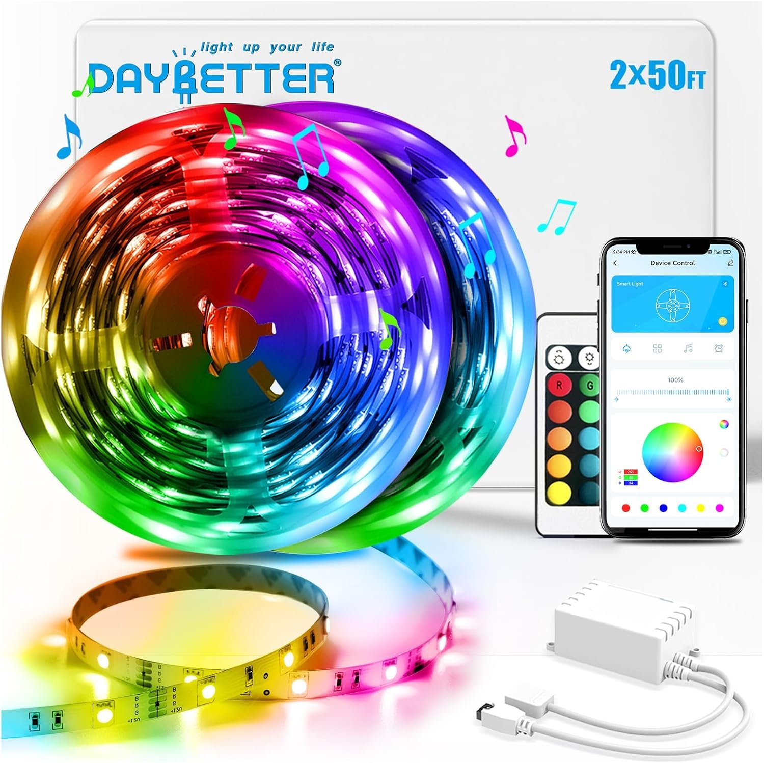 DAYBETTER Led Strip Lights 100 ft Smart with App Remote Control, 5050 RGB for Bedroom, Living Room, Home Decoration, Music Sync Color Changing for Room Party(2 Rolls of 50 ft) - Image 10