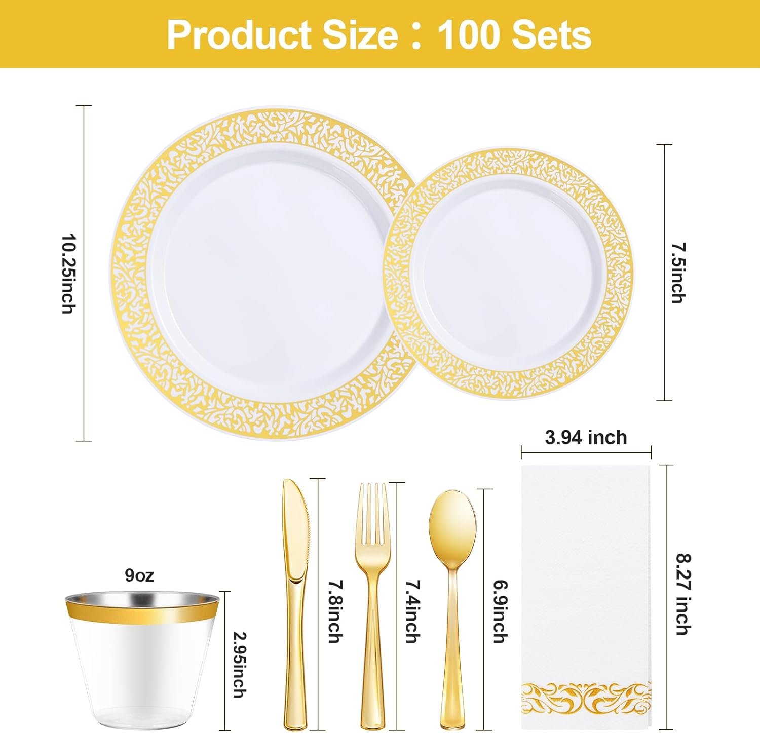 700PCS Gold Plastic Dinnerware Set for 100 Guests, Disposable Plates for Party, Includes: 100 Dinner Plates, 100 Dessert Plates, 100 Gold Silverware Set, 100 Cups, 100 Napkins - Image 3