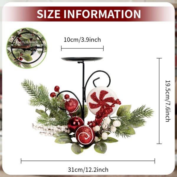 Christmas Candle Holder with Glitter Holly Berries Peppermint Lollipop Xmas Baubles Ball Pine Leaves Candlestick Table Centerpiece Decorations Steel Base Stand Festive Tabletop Home Ornaments (Candy) - Image 3
