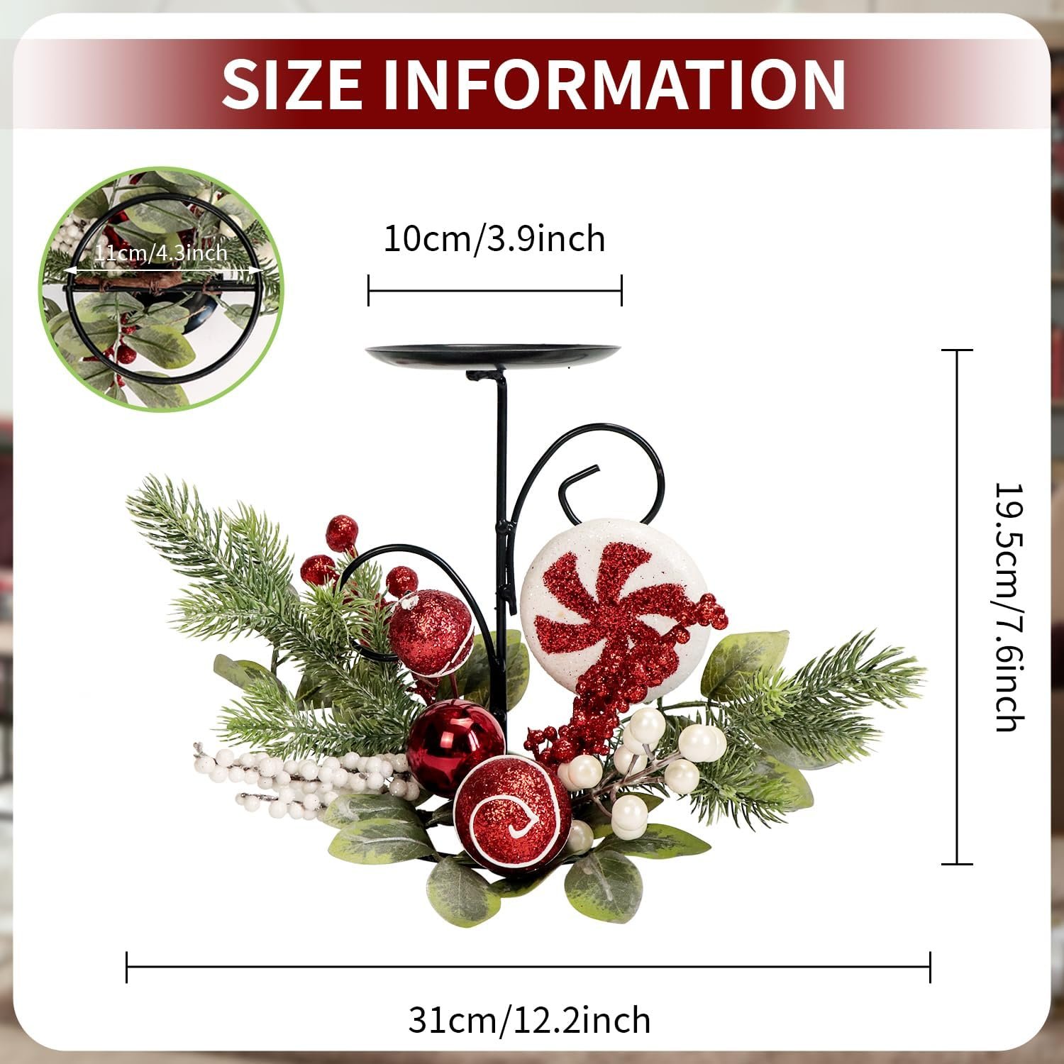 Christmas Candle Holder with Glitter Holly Berries Peppermint Lollipop Xmas Baubles Ball Pine Leaves Candlestick Table Centerpiece Decorations Steel Base Stand Festive Tabletop Home Ornaments (Candy) - Image 3
