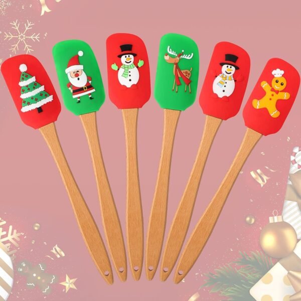 Uiifan Christmas Silicone Spatula Red and Green Whisk Wooden Handle Santa Claus Pattern Spatula Christmas Cake Spatula with Handle for Stir Butter Cream - Image 2