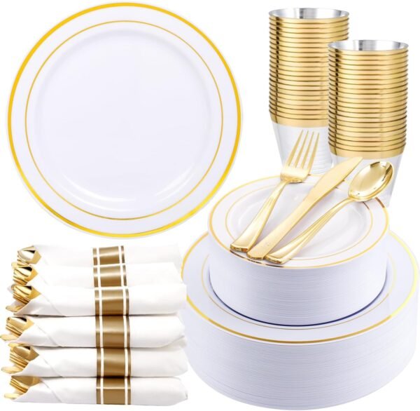350Piece Thanksgiving Dinnerware Set for 50 Guests - Gold Plastic Plates with Disposable Cutlery Include:50Dinner Plates-50Dessert Plates-50Pre Rolled Napkins with Gold Silverware - Image 2
