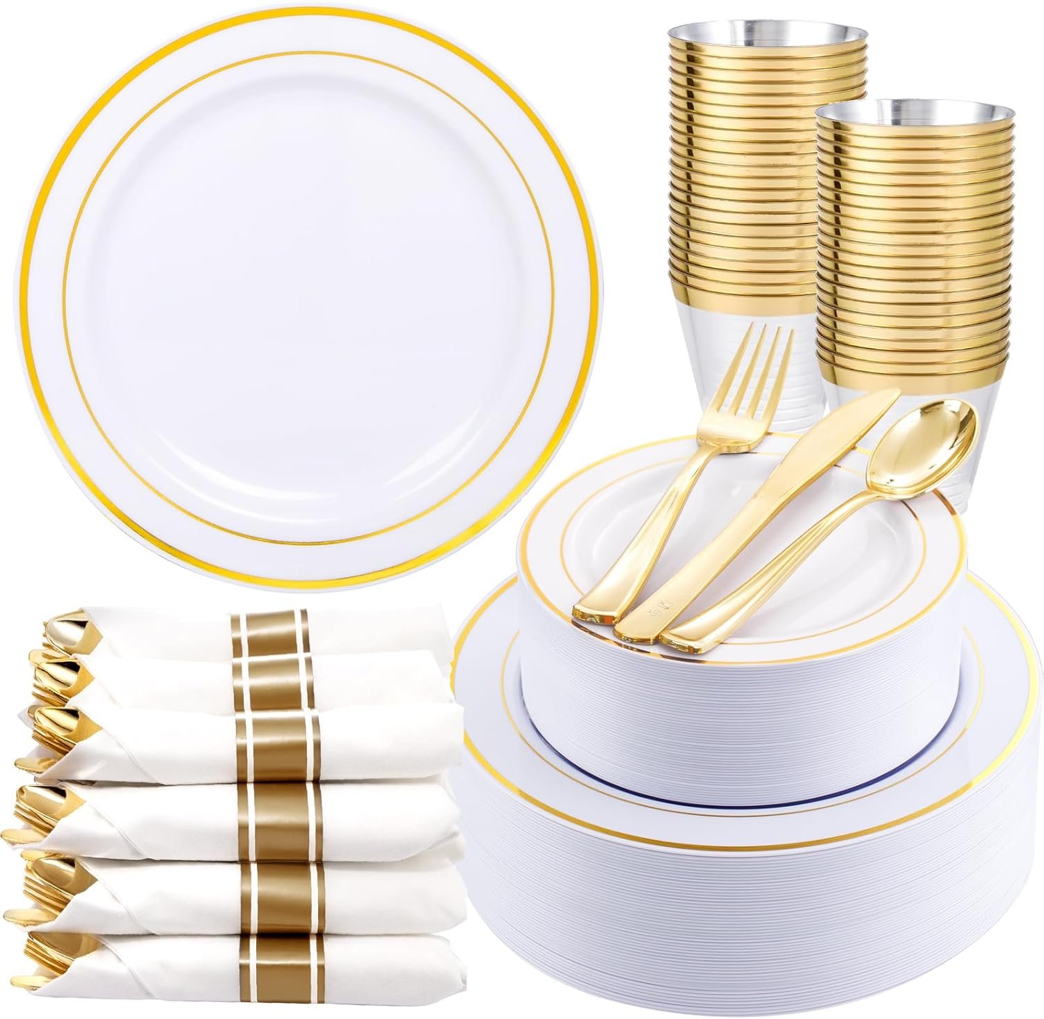 350Piece Thanksgiving Dinnerware Set for 50 Guests - Gold Plastic Plates with Disposable Cutlery Include:50Dinner Plates-50Dessert Plates-50Pre Rolled Napkins with Gold Silverware - Image 2