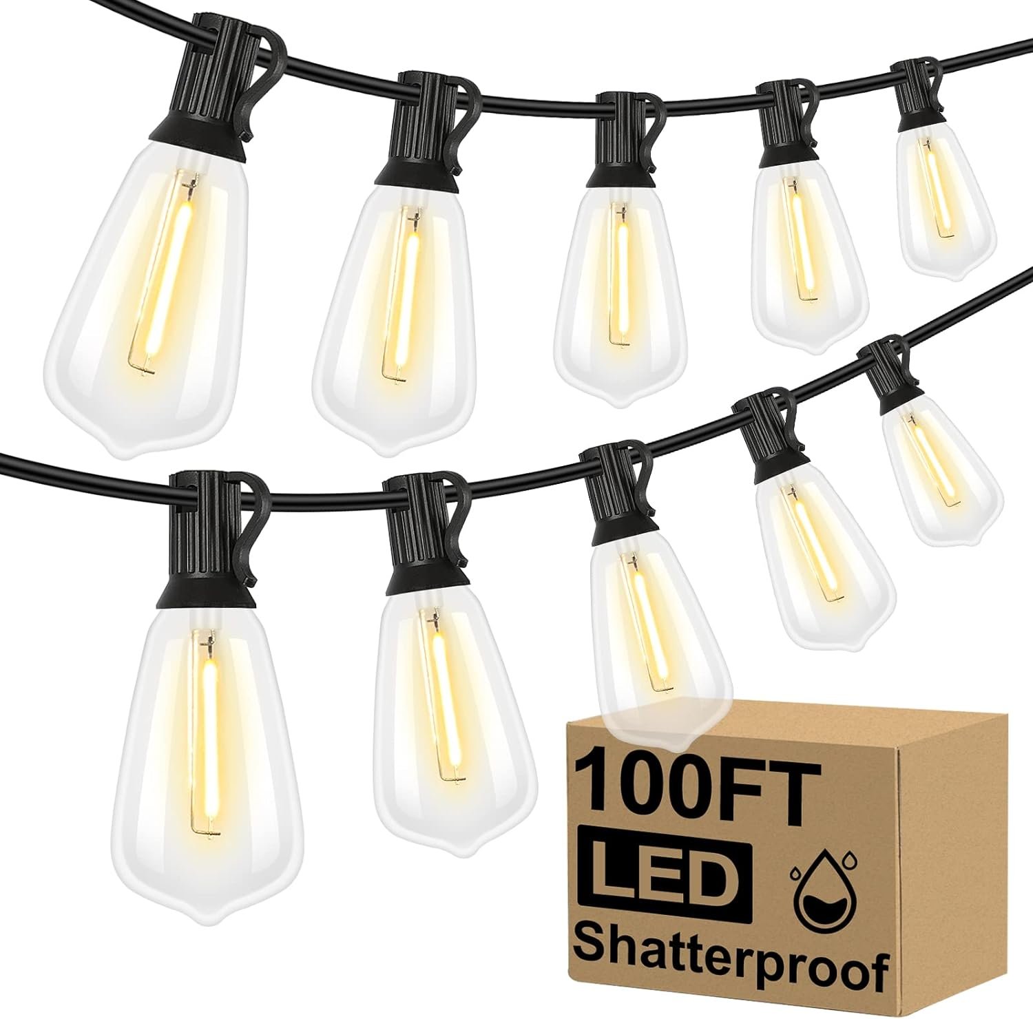 Brightever LED Outdoor String Lights 100FT Patio Lights with 52 Shatterproof ST38 Vintage Edison Bulbs, Outside Hanging Lights Waterproof for Porch, Deck, Garden, Backyard, Balcony, 2700K Dimmable - Image 2