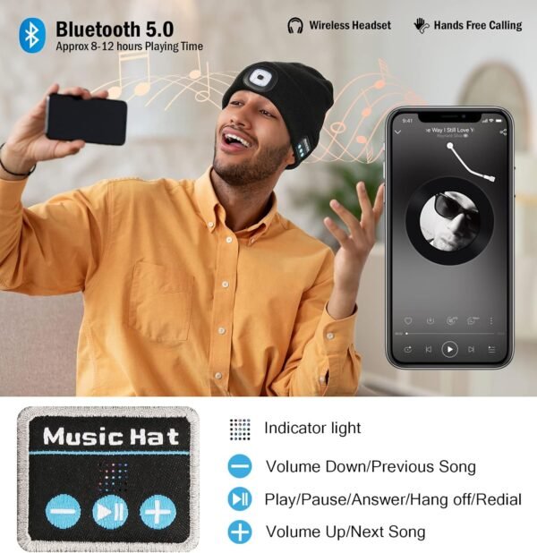 CENSGO Bluetooth Beanie with The Light, Unique Tech Gifts for Men Husband Him Teen, Wireless Headphones for Fishing Jogging Working, Christmas Stocking Black - Image 3