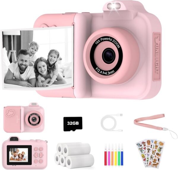 Kids Camera Instant Print,Kids Digital Camera 1080P HD Dual-Lens Selfie,Instant Print Camera with 5 Rolls Paper & 32GB Card,Toddler Camera Christmas Birthday Gifts for Girls Age 3-12(Pink) - Image 2