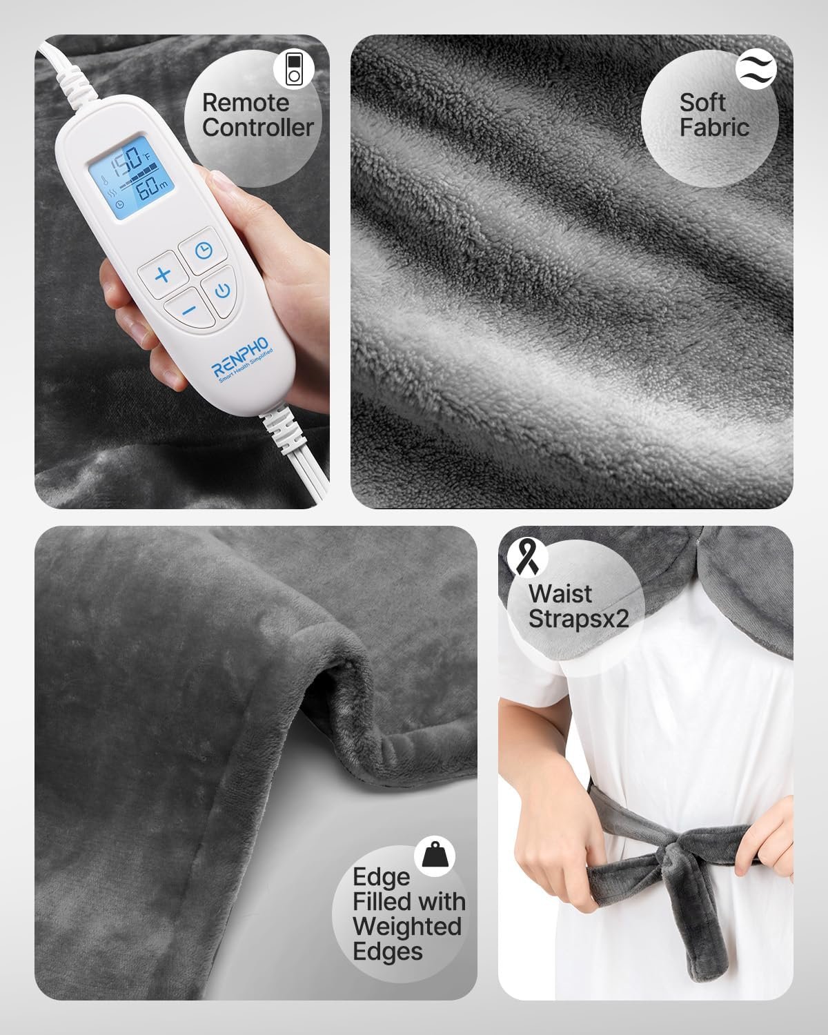 RENPHO Heating Pad for Back Pain Relief, Christmas Gifts for Women Men Mom Dad Wife, FSA HSA Eligible, Electric Heat Pads for Neck and Shoulders, Fast-Heating, Auto-Off, 24"x33", ETL Certified, Gray - Image 10