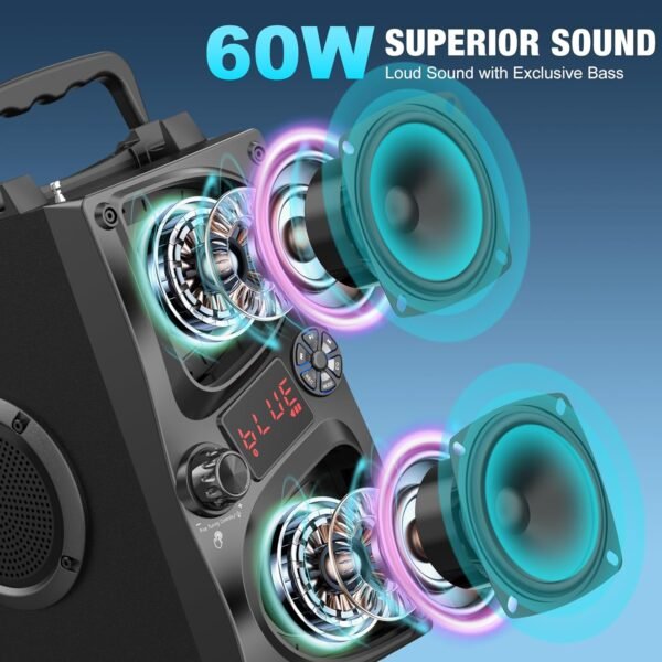 Bluetooth Speaker, 60W(Peak) Wireless Portable Small Home Party Speakers with Double Subwoofer Deep Bass, Microphone, FM Radio, Lights, Remote, 80dB Loud Stereo Sound Boombox for Outdoor Camping Gifts - Image 3