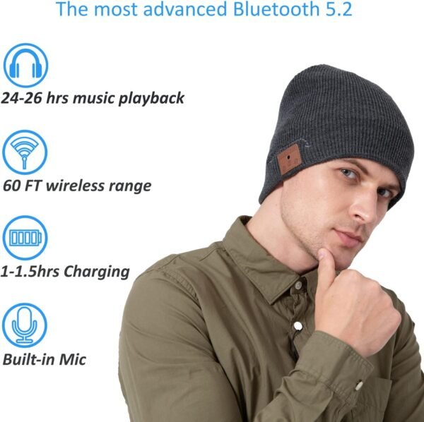 beanie MUSICBEE Bluetooth V5.2 Wireless Knit Winter Cap, 24 Hour Play time, Built-in Microphone and HD Stereo Speakers, Wool Lined for Outdoor Homes and Gifts - Neutral (Charcoal) - Image 3