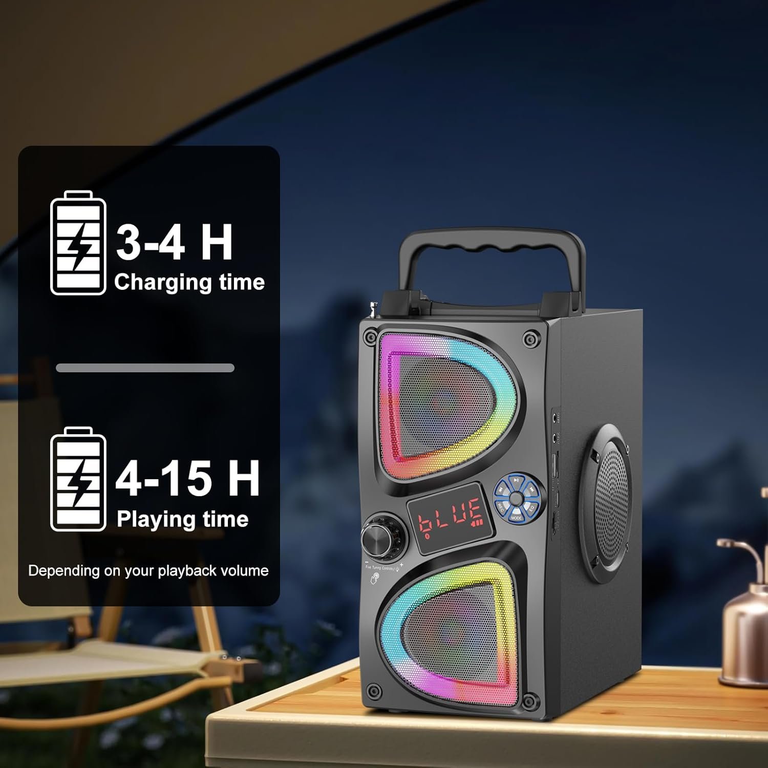 Bluetooth Speaker, 60W(Peak) Wireless Portable Small Home Party Speakers with Double Subwoofer Deep Bass, Microphone, FM Radio, Lights, Remote, 80dB Loud Stereo Sound Boombox for Outdoor Camping Gifts - Image 9